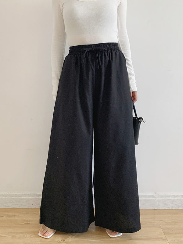 Drawstring Elasticity Pockets Solid Color High Waisted Loose Trousers Pants
