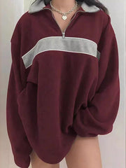 Split-Joint Zipper Long Sleeves Loose Lapel Sweatshirt Tops