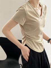 Solid Color Irregular clipping Short Sleeves V-neck T-Shirts Tops