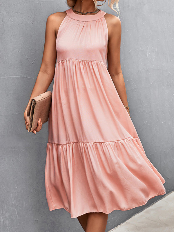 Hollow Pleated Solid Color Split-Joint A-Line Loose Halter-Neck Midi Dresses