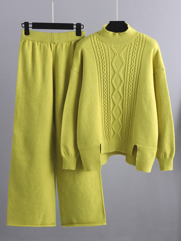 Urban Loose Split-Side Half Turtleneck Sweater Tops& Wide Leg Pants Two Pieces Set