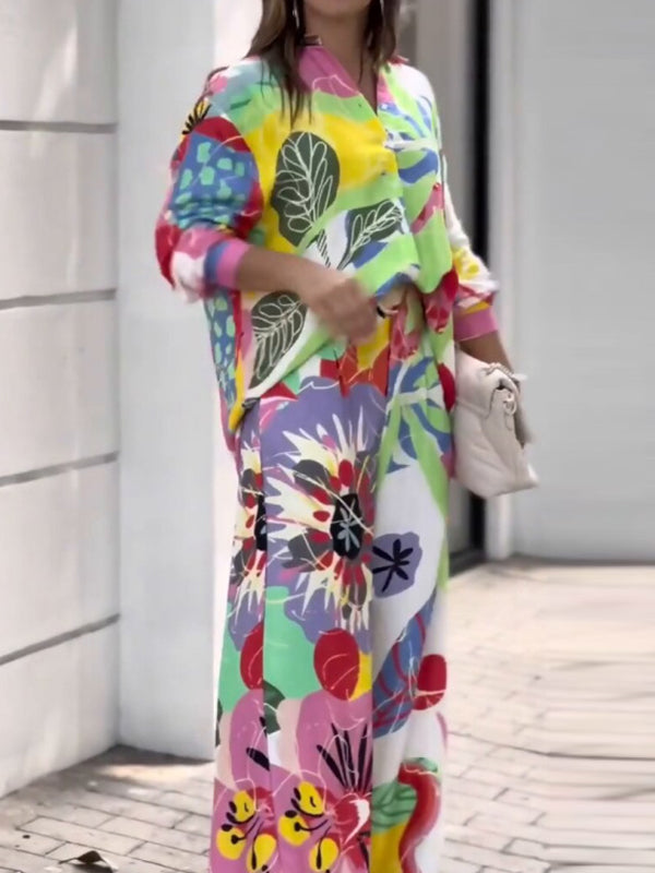 Contrast Color Printed Lapel Long Sleeves Buttoned Blouses Top+ High Waisted Pants Bottom Two Pieces Set