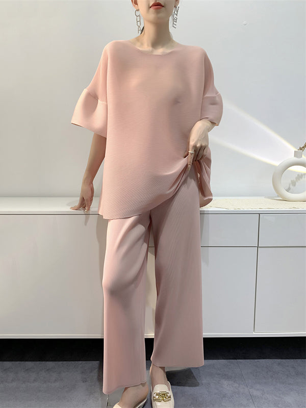 Elastics Pleated Solid Color Short Sleeves Wide Leg Round-neck Two Pieces Set