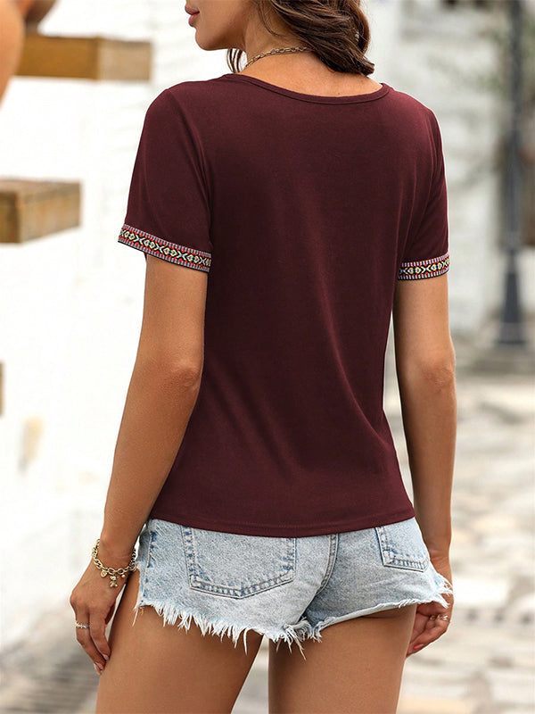 Contrast Color Loose Short Sleeves V-Neck T-Shirts Tops