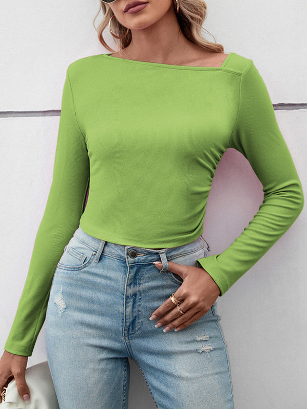 Solid Color Long Sleeves Skinny Asymmetric Collar T-Shirts Tops