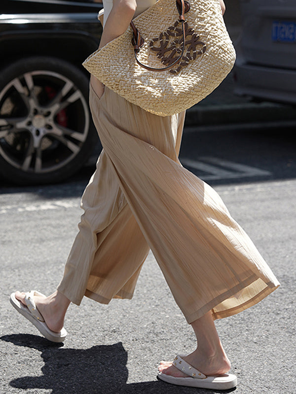Pleated Solid Color Split-Joint High Waisted Wide Leg Pants