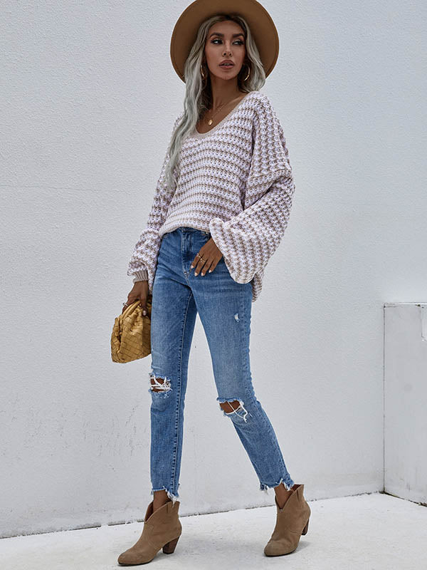 Original Loose Striped 8 Colors V-Neck Long Sleeves Sweater Top