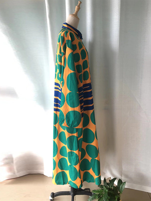 Buttoned Printed Long Sleeves Loose Lapel Shirt Dress Maxi Dresses