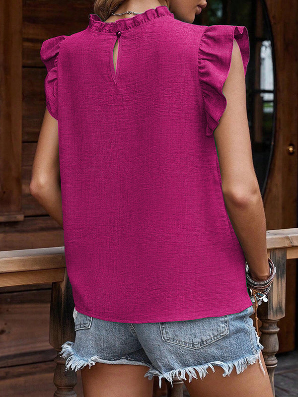 Pleated Ruffle Trim Solid Color Loose Sleeveless Round-Neck Blouses&Shirts Tops