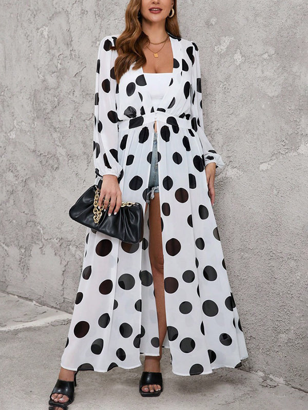 High Waisted Long Sleeves Pleated Polka-Dot See-Through Split-Joint Deep V-Neck Maxi Dresses Outerwear