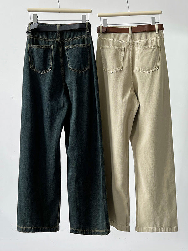 Belted Pleated Pockets High Waisted Wide Leg Jean Pants Bottoms