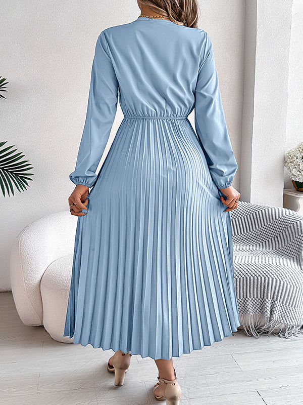 Pleated Solid Color Elasticated Waist High Waisted V-neck Midi Dresses