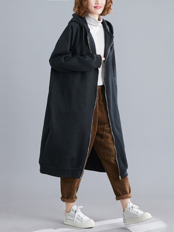Casual Loose Long Sleeves Solid Color Hooded Outerwear