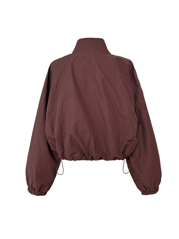 Solid Color Zipper Long Sleeves Loose Drawstring Elasticity Pockets Stand Collar Jacket Top + Split-Back Skirts Bottom Two Pieces Set