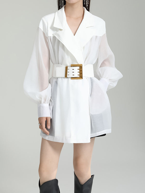 Belted See-Through Puff Sleeves Loose Lapel Blouses&shirts Tops