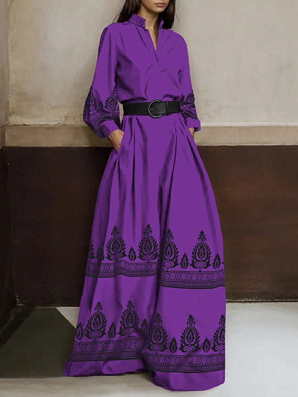 Buttoned Pleated Pockets Printed Long Sleeves Loose Stand Collar Jumpsuits