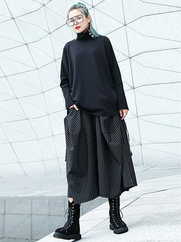 Elasticity Pockets Striped High Waisted Loose Pants Culotte