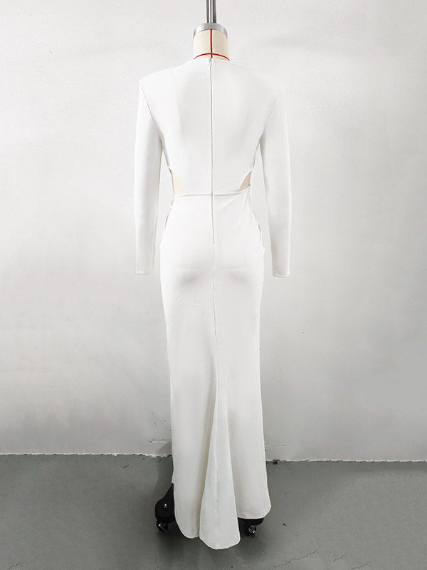 Asymmetric Hollow Pleated Rhine Stones Shoulder Pad Split-Side Long Sleeves Skinny V-Neck Maxi Dresses