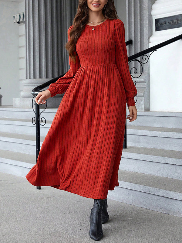 Solid Color Split-Joint A-Line Long Sleeves Round-Neck Midi Dresses