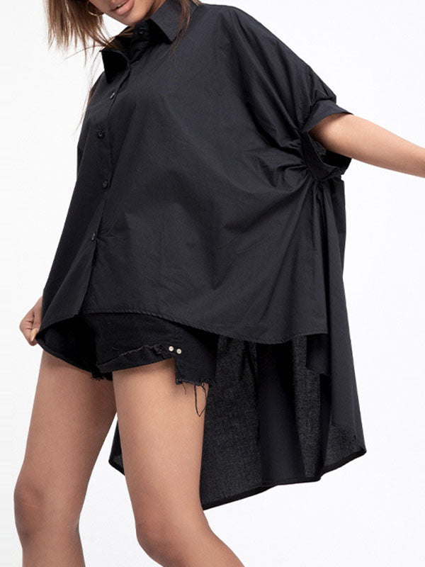Solid Color Batwing Sleeves High-Low Lapel Blouses&Shirts Tops