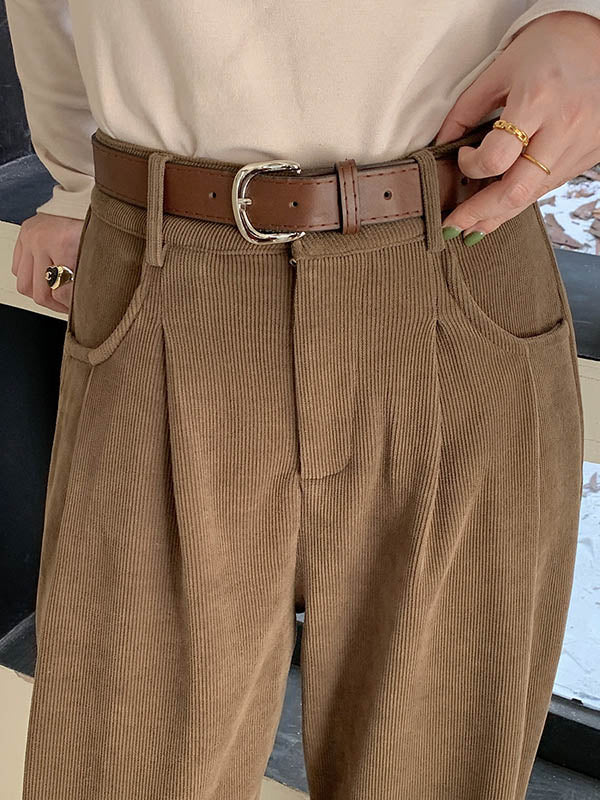 High-Waisted Pleated Solid Color Split-Joint Loose Wide Leg Trousers Pants