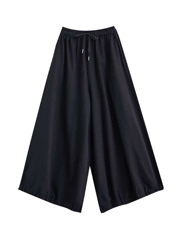 Drawstring Elasticity Pleated Pockets High Waisted Loose Pants Knickerbockers Culotte