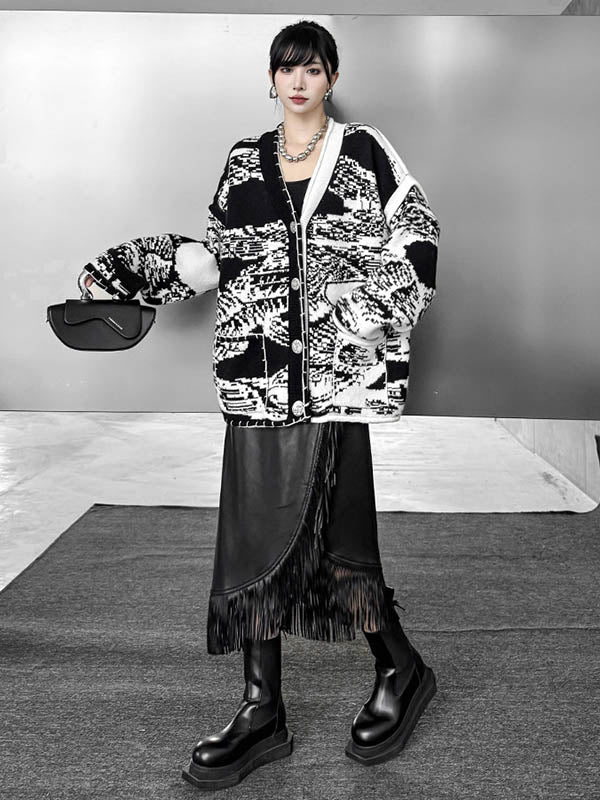 Abstract Printed Buttoned Contrast Color Pockets Split-Joint Long Sleeves Loose Collarless Outerwear Cardigan Tops
