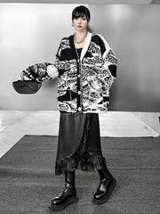 Abstract Printed Buttoned Contrast Color Pockets Split-Joint Long Sleeves Loose Collarless Outerwear Cardigan Tops