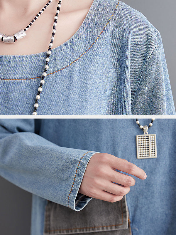 Artistic Retro Loose Denim Applique Round-Neck Long Sleeves Midi Dress