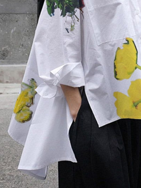 Buttoned Flower Print Pockets Split-Side High-Low Long Sleeves Stand Collar Blouses&Shirts Tops