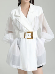 See-Through Split-Joint Tied Waist Loose Puff Sleeves Lapel Blouses&Shirts Tops