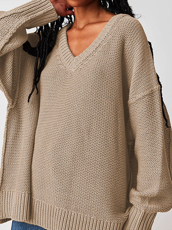 Solid Color Velvet Long Sleeves Loose V-Neck Sweater Tops Pullovers