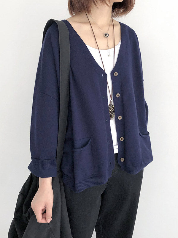 Artistic Retro Solid Color Buttoned V-Neck Long Sleeves Cardigan Top