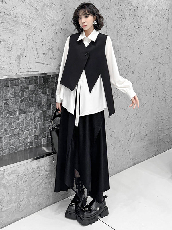 Buttoned Solid Color Split-Joint Streamer Irregularity Long Sleeves Lapel Collar Blouses&Shirts Tops