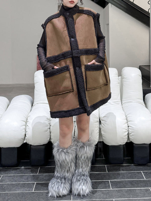 Buttoned Pockets Split-Joint Loose Sleeveless Stand Collar Vest Outerwear