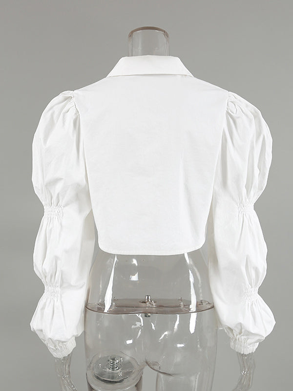 Buttoned Elasticity Solid Color Bishop Sleeve Long Sleeves Lapel Blouses&Shirts Tops