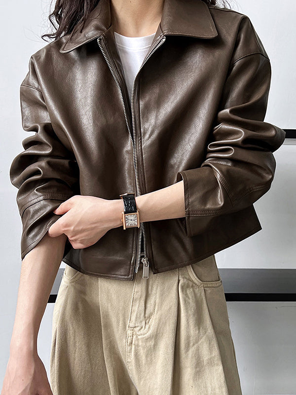 Solid Color Zipper Long Sleeves Loose Lapel Collar Outerwear Jackets&Coats
