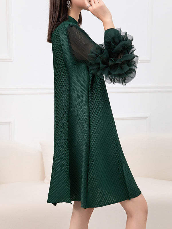 Embroidered Pleated Solid Color Long Sleeves Loose Round-neck Midi Dresses