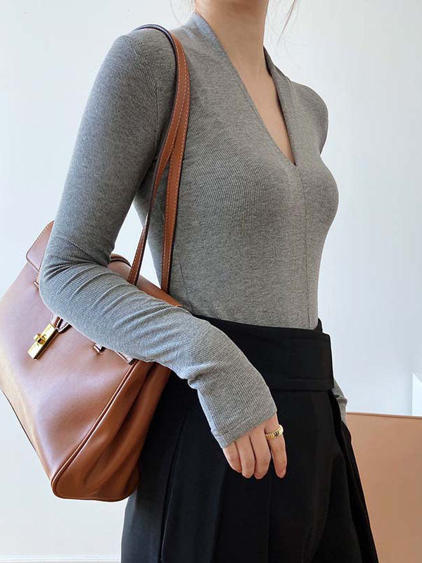 Solid Color Long Sleeves Skinny V-Neck T-Shirts Tops