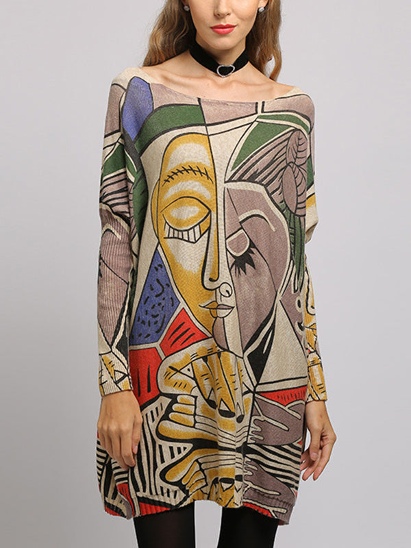 Figure Printed Long Sleeves Loose Boat Neck Knitwear