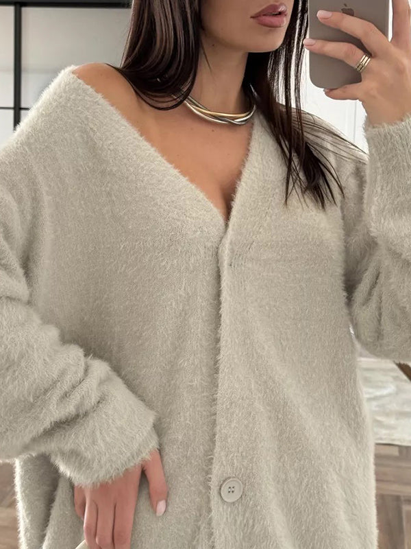 Buttoned Solid Color Long Sleeves Loose V-Neck Cardigan Tops