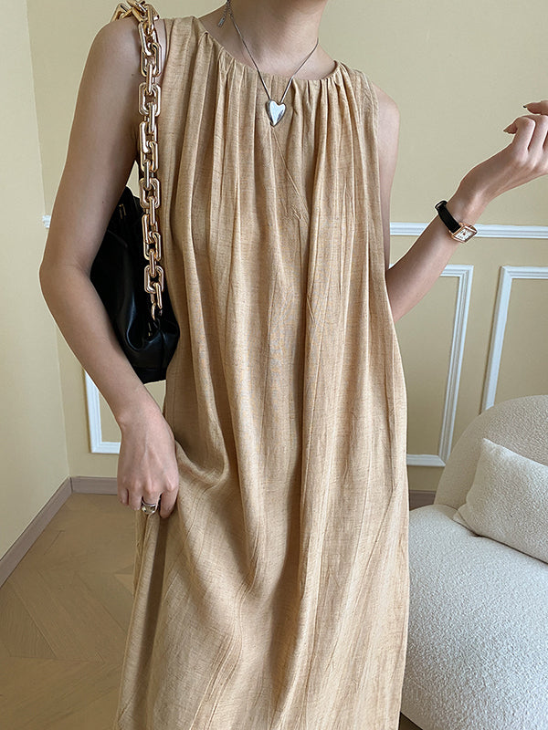 Pleated Solid Color A-Line Loose Round-Neck Midi Dresses