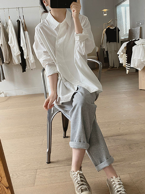 Lace-Up Solid Color Irregular Clipping Long Sleeves Lapel Blouses