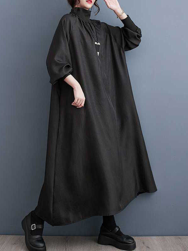 Pleated Pockets Solid Color Split-Joint A-Line Long Sleeves High Neck Midi Dresses