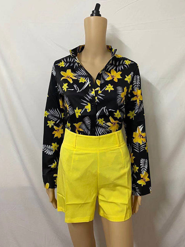Flower Print Long Sleeves Buttoned  Deep V-Neck Shirts Top +Belted Shorts BottomTwo Pieces Set