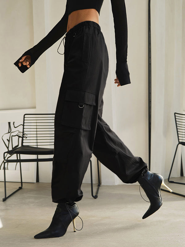 Drawstring Elasticity Pockets Split-Joint High Waisted Loose Trousers Pants