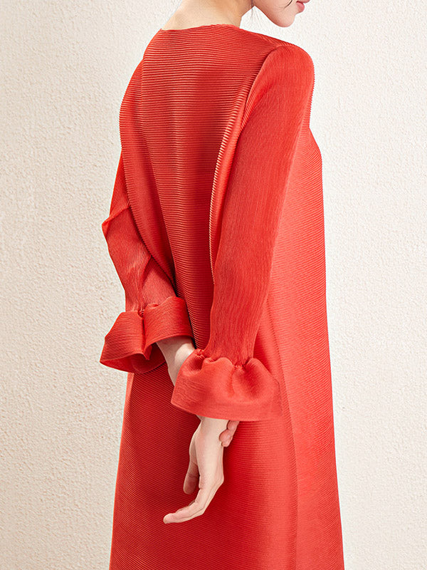Pleated Solid Color A-Line Loose Round-Neck Maxi Dresses