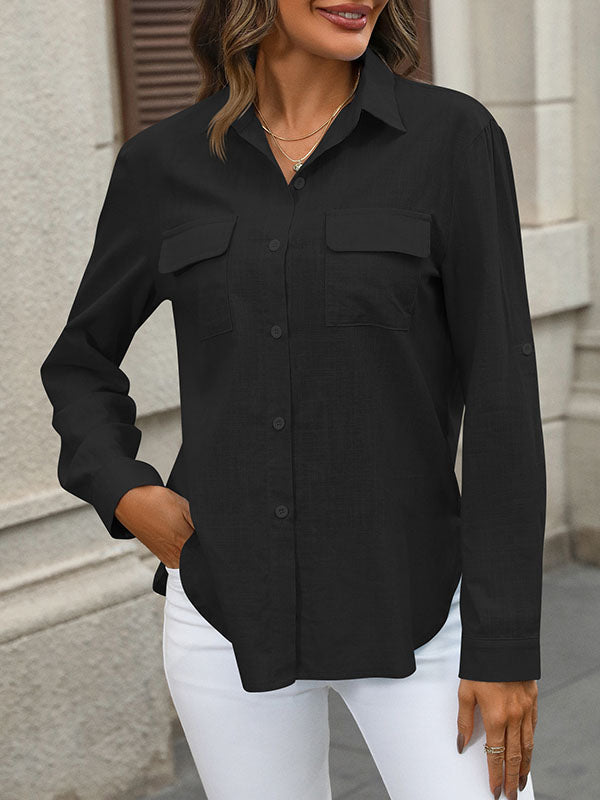 Solid Color Split-Joint Lapel Blouses&Shirts Tops