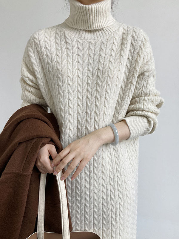 Stylish Loose Long Sleeves Solid Color High-Neck Twist Sweater Dresses