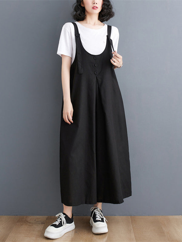 Buttoned Solid Color Ninth Pants Wide Leg Spaghetti-Neck Overalls